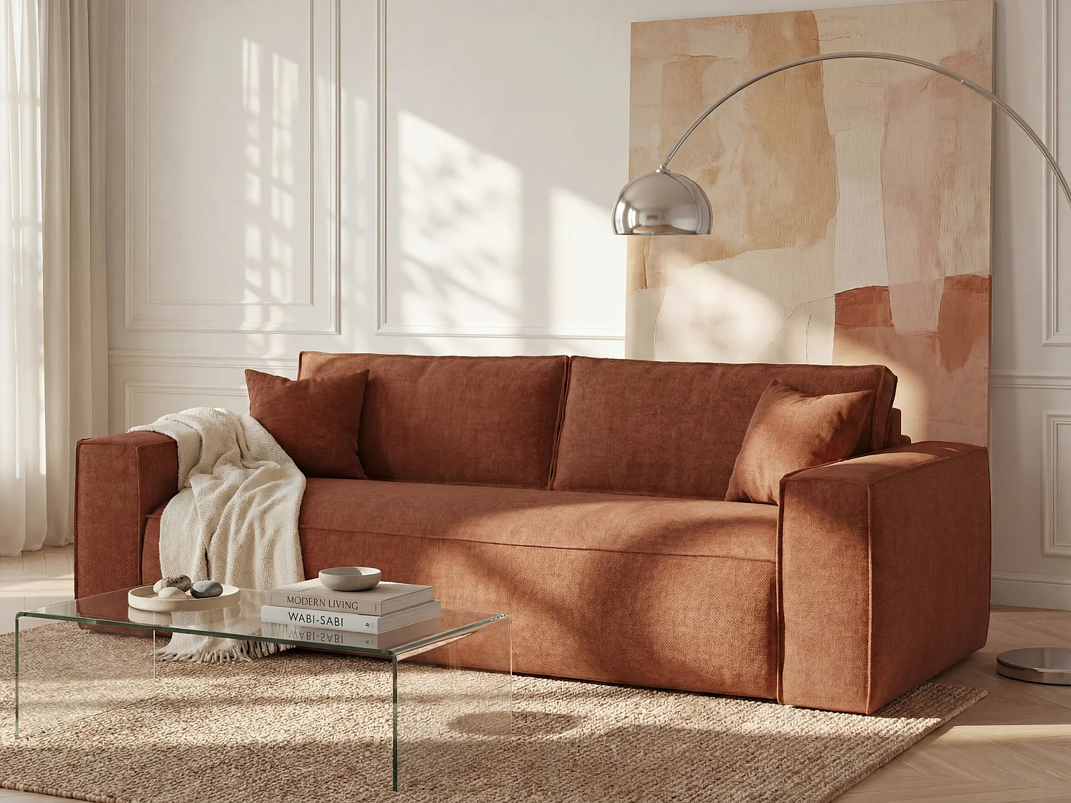 3-seater express convertible sofa in terracotta fabric